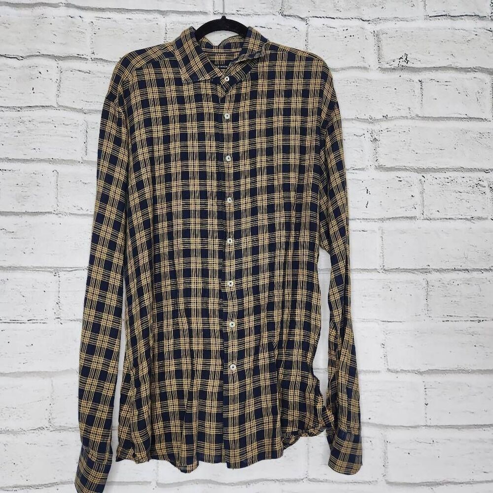 Hammer Made Mens Blue Orange Plaid Linen Long Sleeve Button Up Shirt Size 2XL